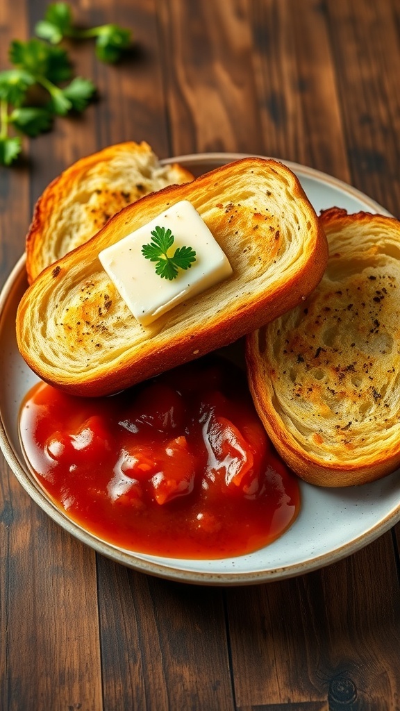 Crispy Garlic Bread Toast Recipe Crispy garlic bread toast on a plate, garnished with parsley, served with marinara sauce.